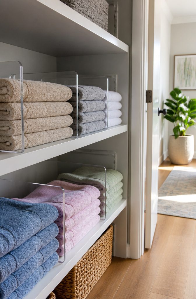 10 Linen Storage Ideas for Small Spaces in 2026 6 Acrylic shelf dividers separating neatly stacked towels on a shelf.
