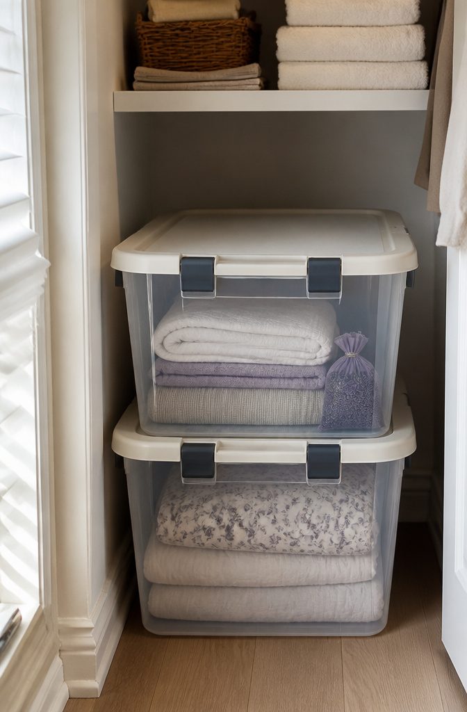 10 Linen Storage Ideas for Small Spaces in 2026 3 Plastic storage bins stacked on a closet shelf, filled with linens.