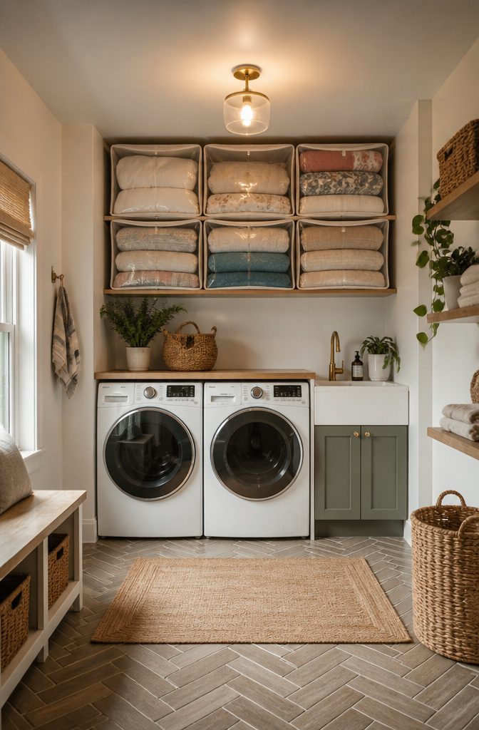 10 Linen Storage Ideas for Small Spaces in 2026 8 Clear storage cases stacked above a washer and dryer.