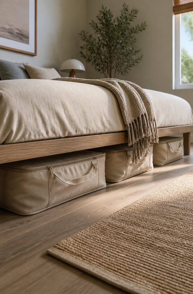10 Linen Storage Ideas for Small Spaces in 2026 5 Soft-sided storage bags placed under a bed frame.