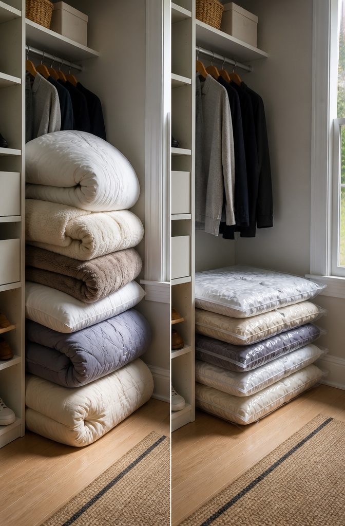 10 Linen Storage Ideas for Small Spaces in 2026 1 Vacuum-sealed bags holding compressed blankets stacked in a closet.