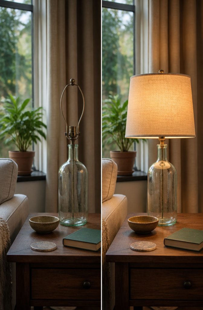 Bottle lamp fitted with an LED bulb and shade