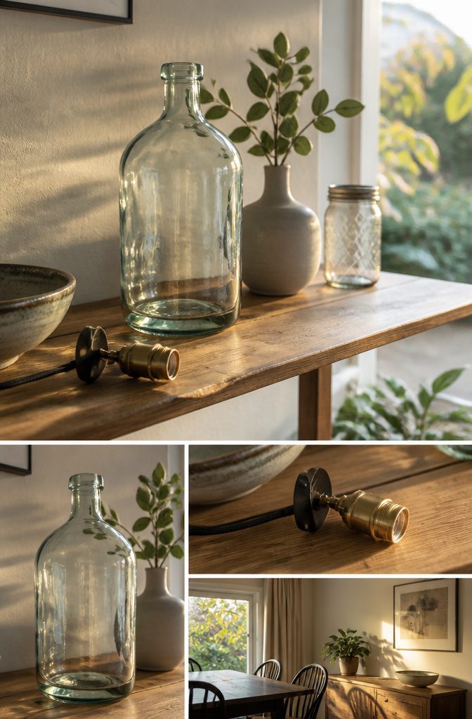Heavy glass bottle beside lamp socket parts and a shade
