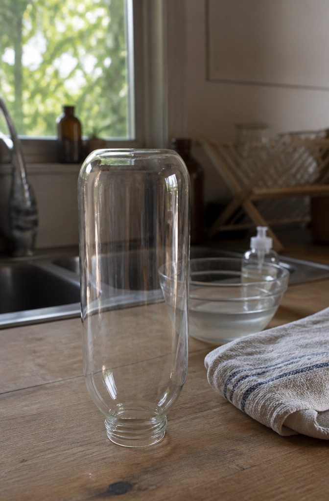 Empty glass bottle held up to the light for inspection