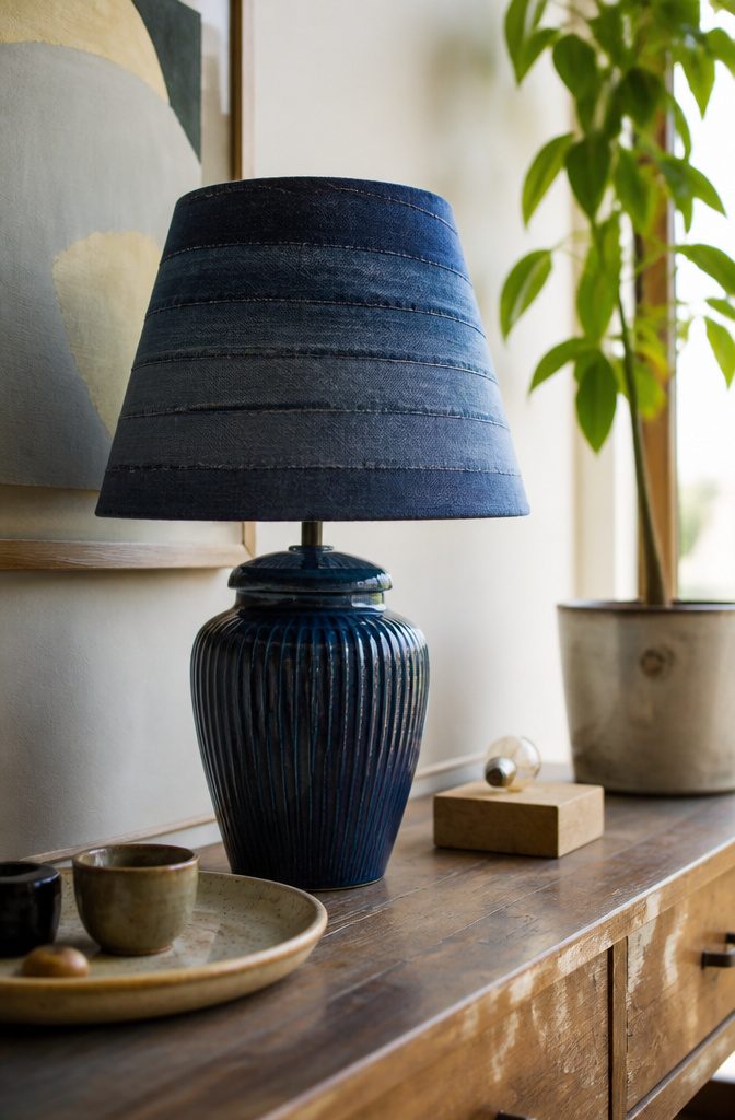 Vase lamp with denim-strip shade, matching saucer cap and harp