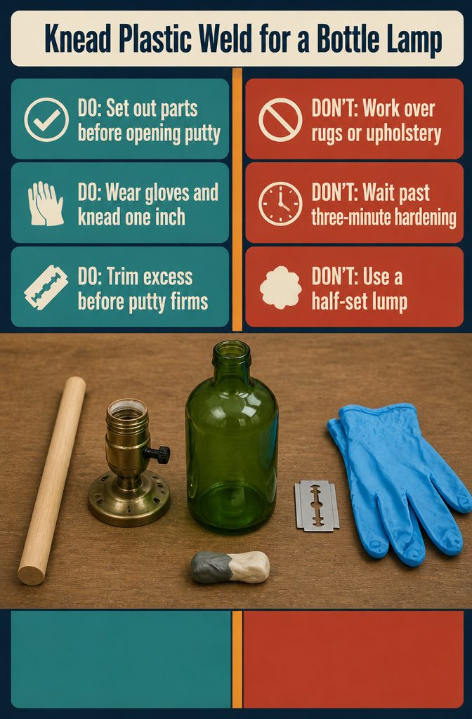 Gloved hands kneading plastic weld beside lamp parts