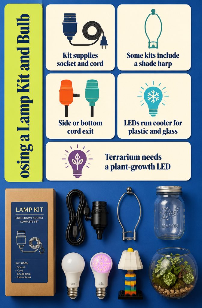 Lamp socket, cord, harp and LED bulb arranged as kit parts