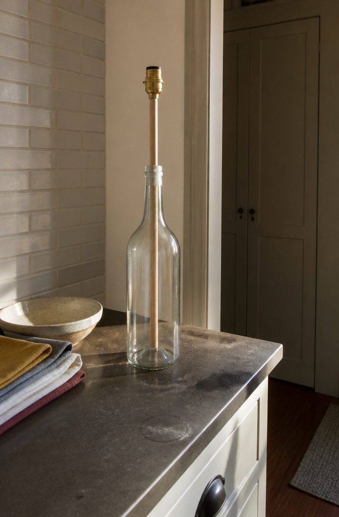Bottle on a shelf with upright dowel and socket base in its neck