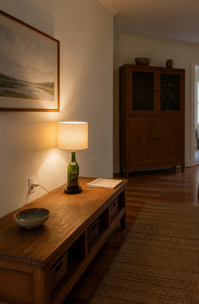 Bottle lamp on a clear surface beside a wall outlet