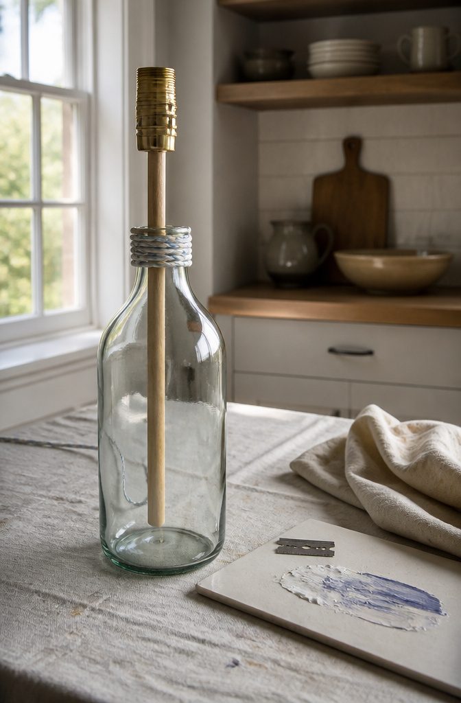 Dowel wrapped in plastic weld being lowered into a bottle neck