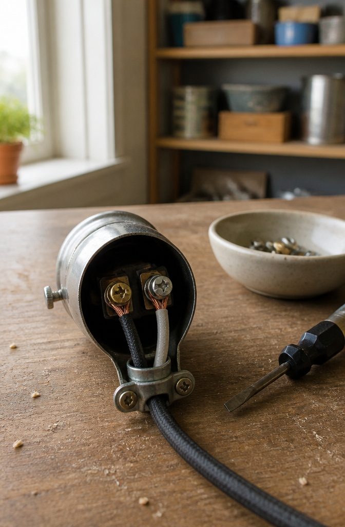 Open lamp socket with cord wires wrapped around silver and brass screws