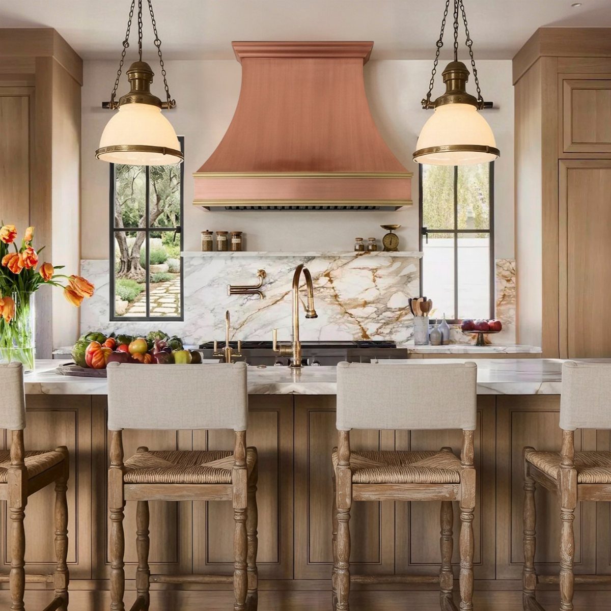 Modern Kitchen Hood Ideas: 12 Designs from Metal to Minimalist 7 Copper range hood installed in a kitchen with marble countertops and wooden stools.