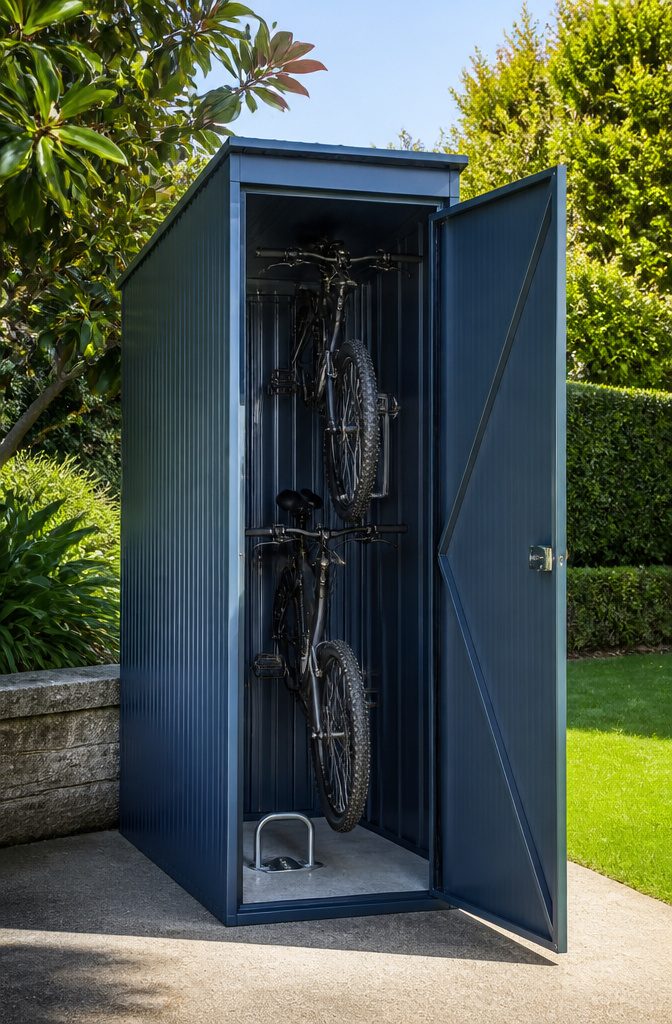 A narrow bike shed with bicycles stored inside.