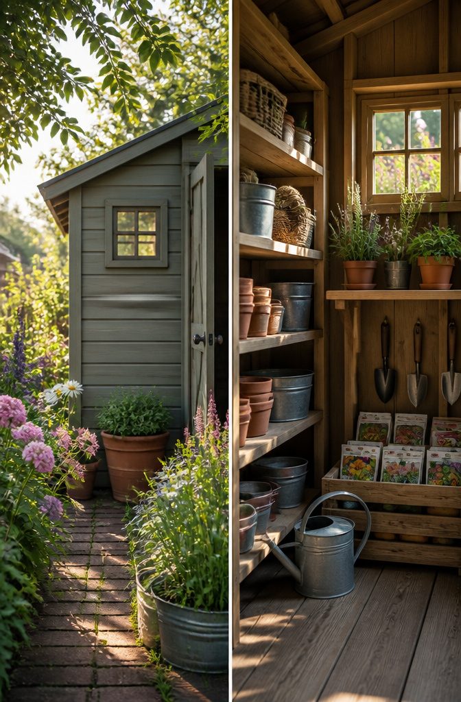 A narrow garden shed featuring a window for natural light.