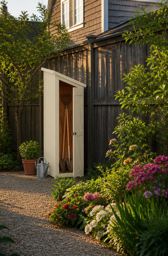 A lean-to shed built against a house wall.