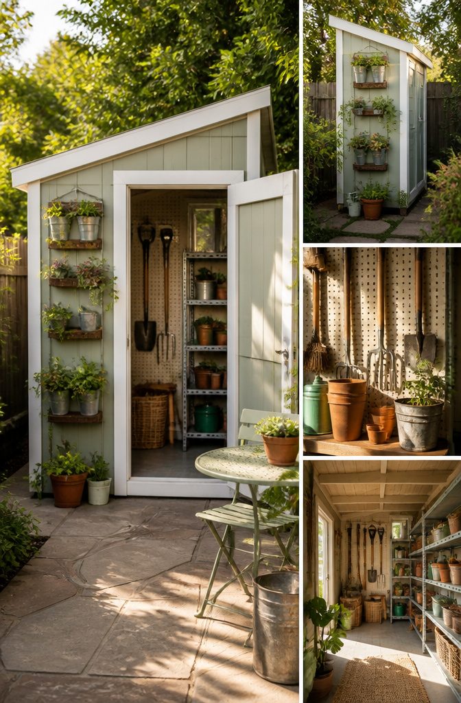 A narrow shed with adjustable shelves and a fold-down bench.