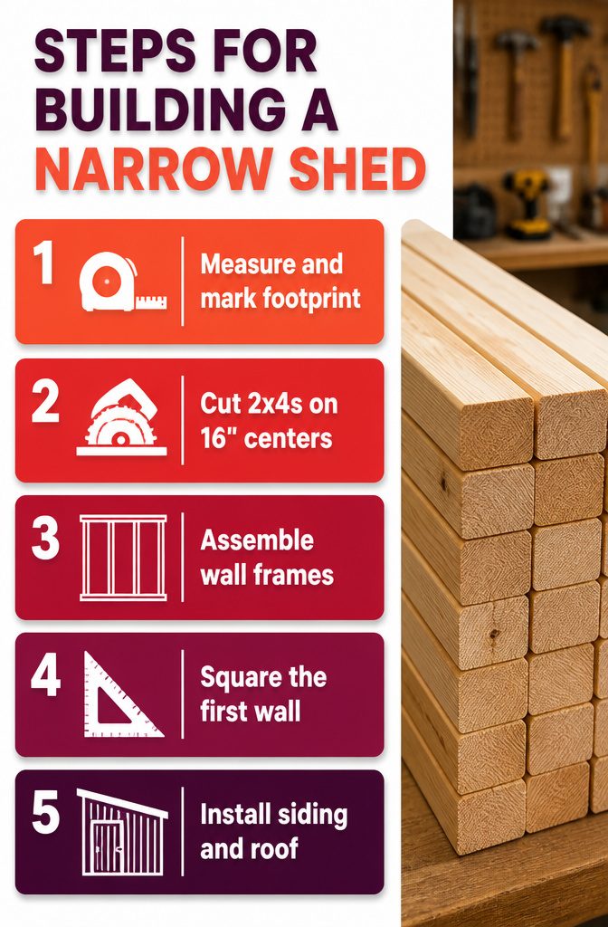 A step-by-step guide for constructing a narrow shed.