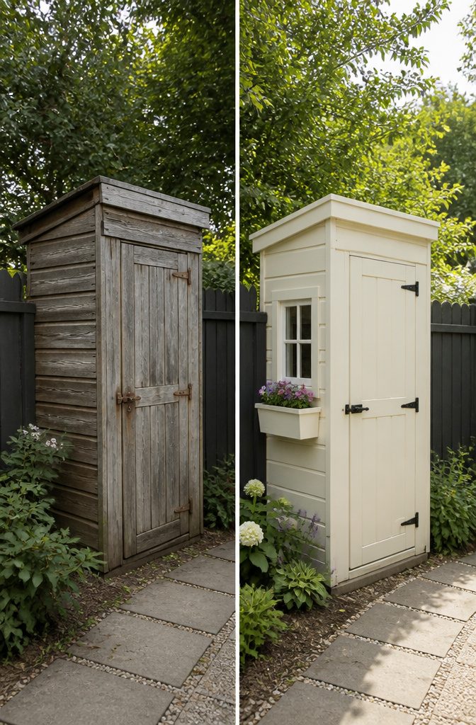 A narrow shed painted in light colors with decorative trim.