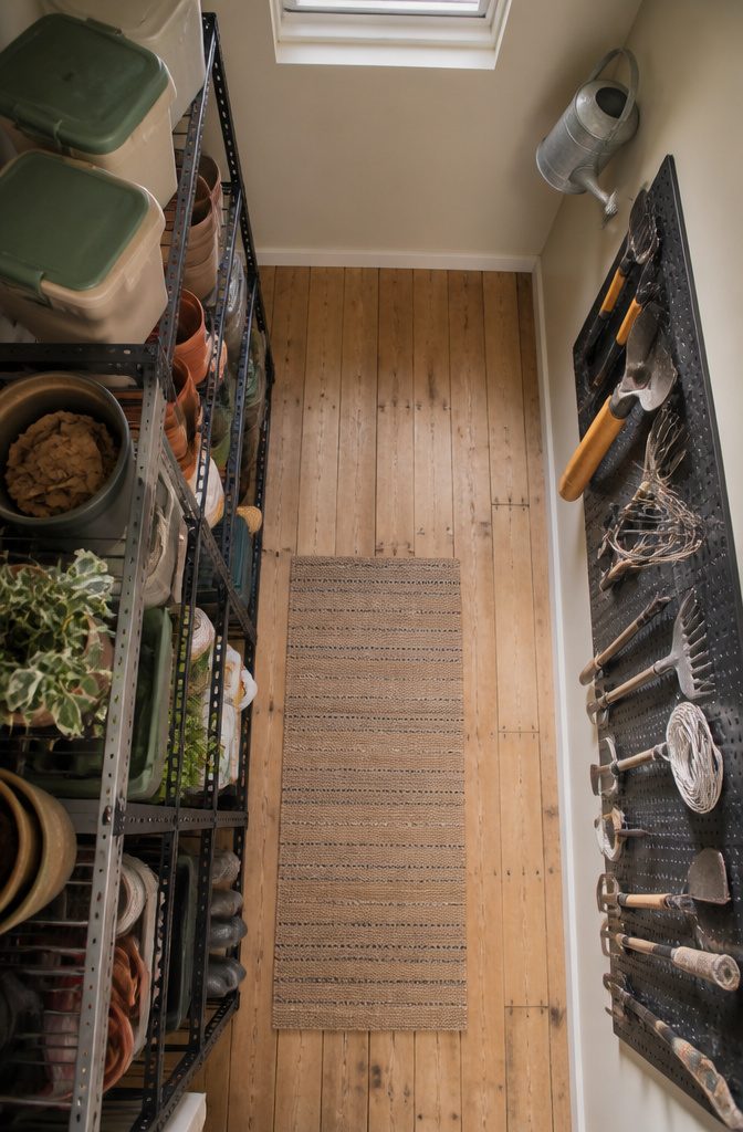 Adjustable steel shelving installed in a narrow shed.