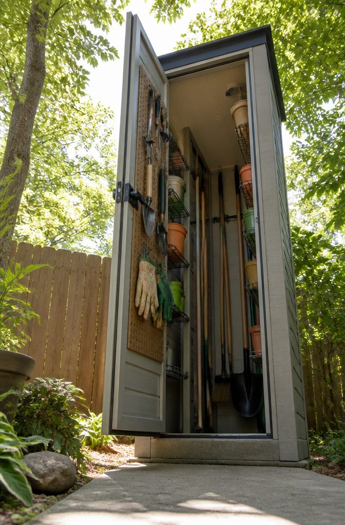 A vertical storage shed with tools and shelving inside.