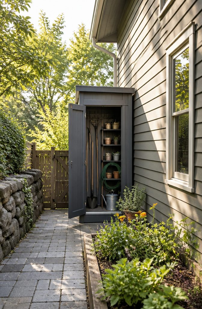 A narrow shed located beside a house with clear door access.