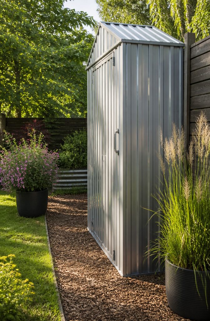 A sleek metal shed surrounded by green grass and planters.