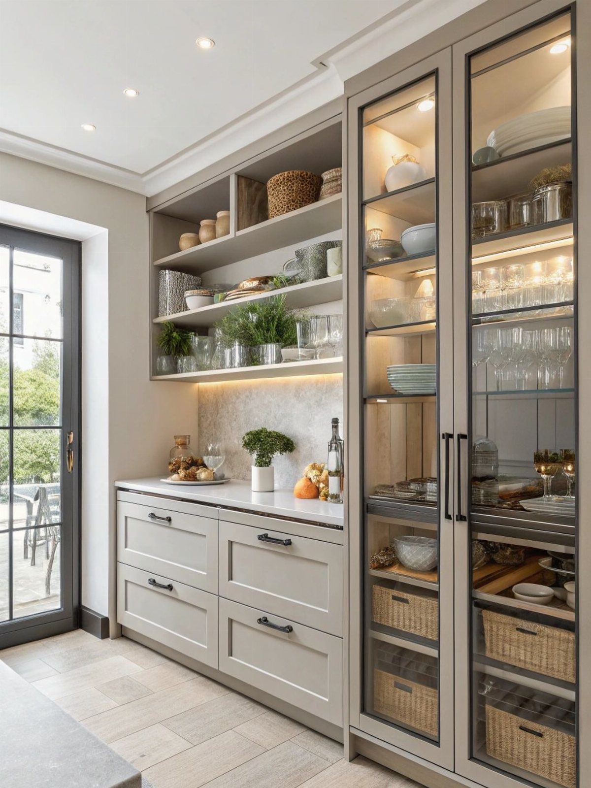 Light grey kitchen cabinetry with open wooden shelves and glass-fronted pantry cabinets.