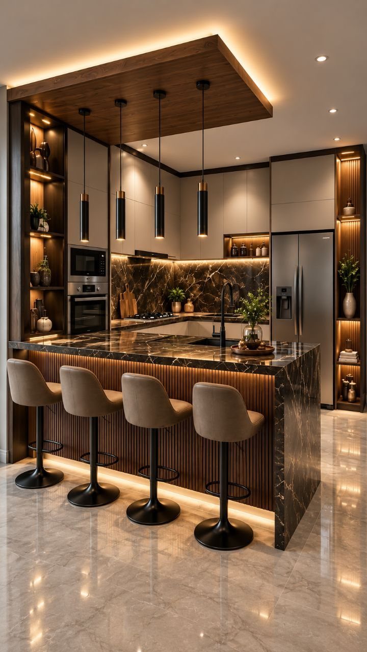 Modern kitchen with dark marble island and warm under-shelf lighting on open wooden shelves.