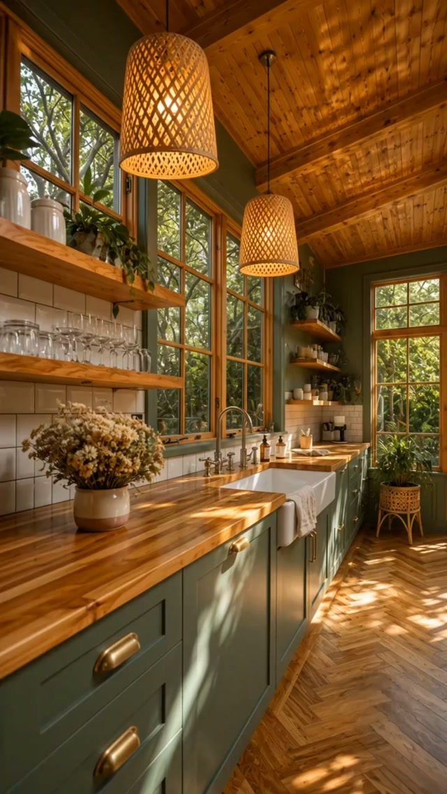 Wooden open shelves in a green kitchen with wooden countertops and woven lighting.