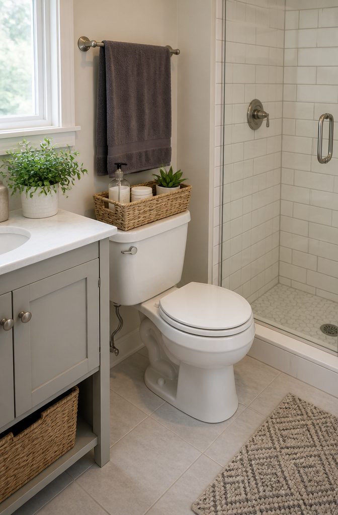 A wire basket on a toilet tank holding toilet paper and a plant.