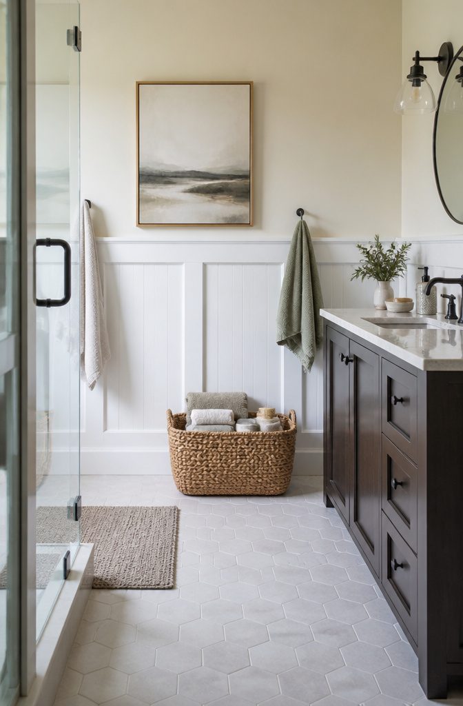 A wire basket in a cabinet holding extra toiletries and supplies.