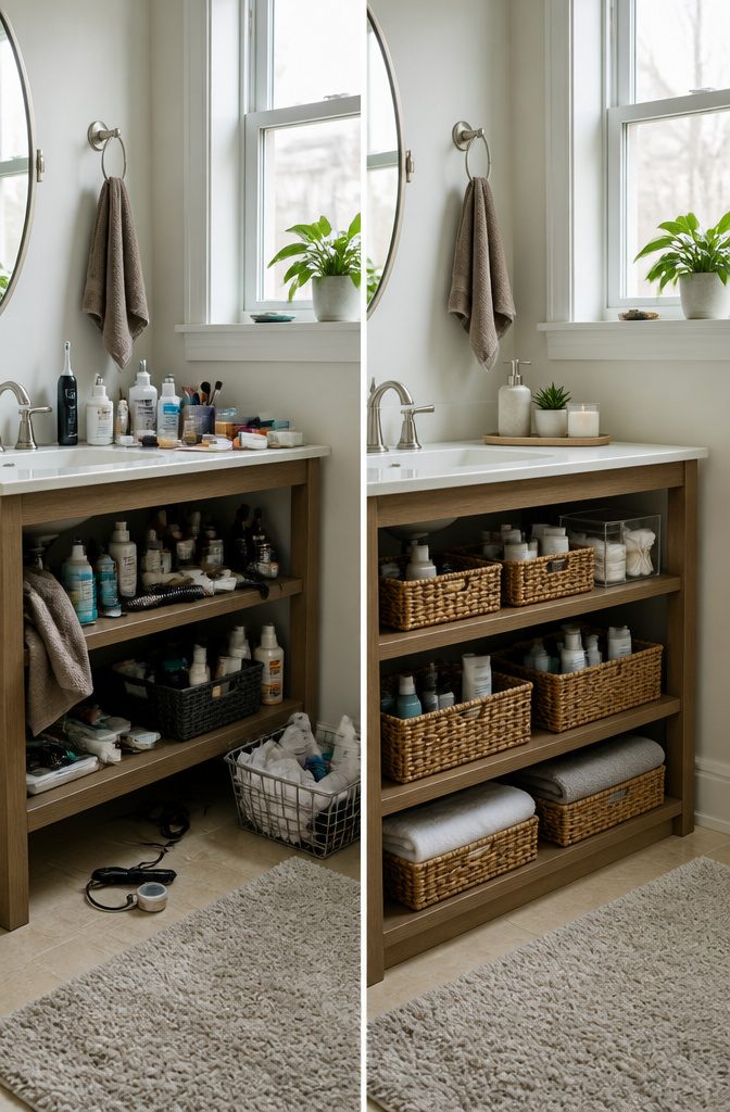 A bathroom drawer overflowing with various toiletries and products.