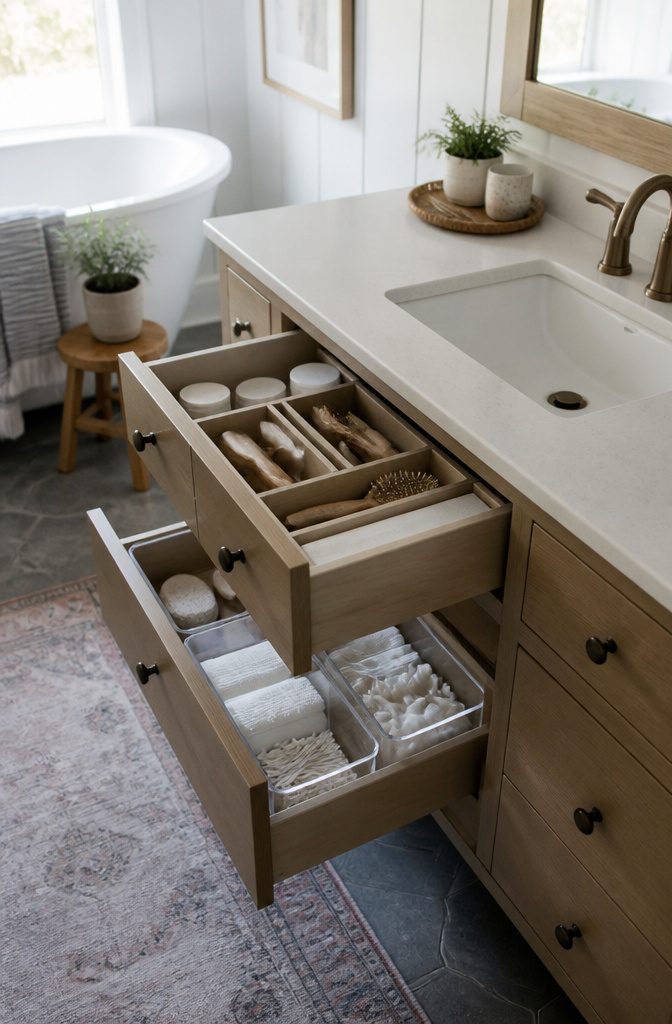 Plastic bins in a drawer holding hair products and small items.