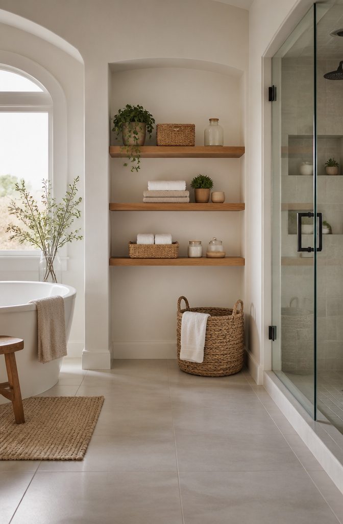 Wall-mounted floating shelves above a toilet for storage.