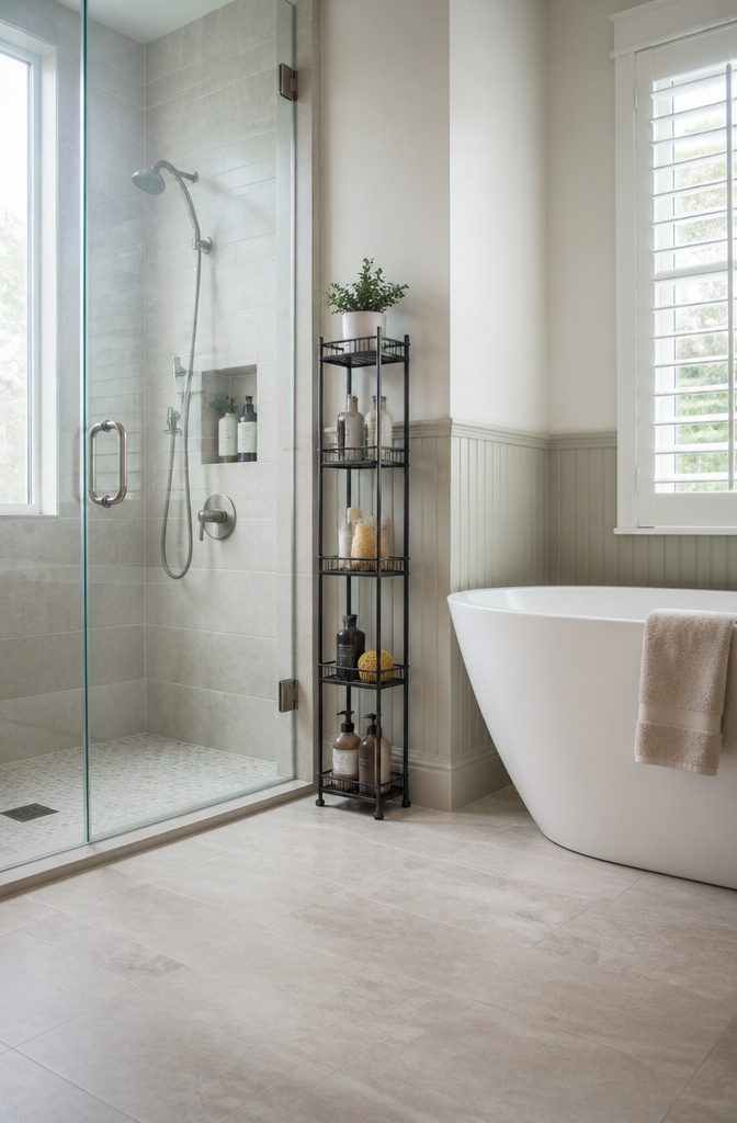 A floor tower in a shower holding various shower products.