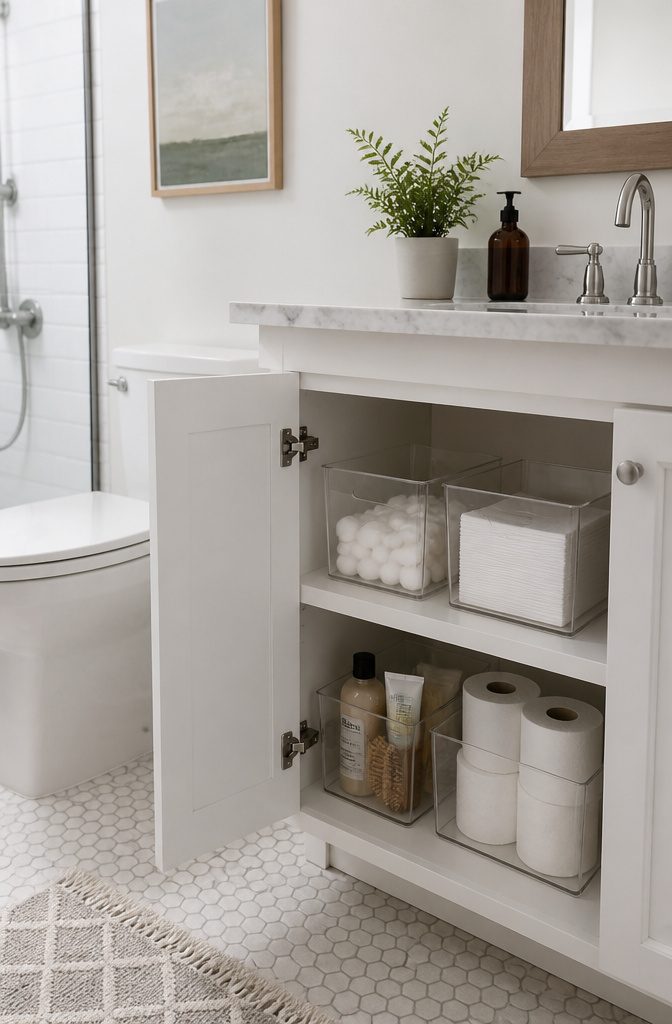 Storage bins labeled for hair, skin, and dental products.