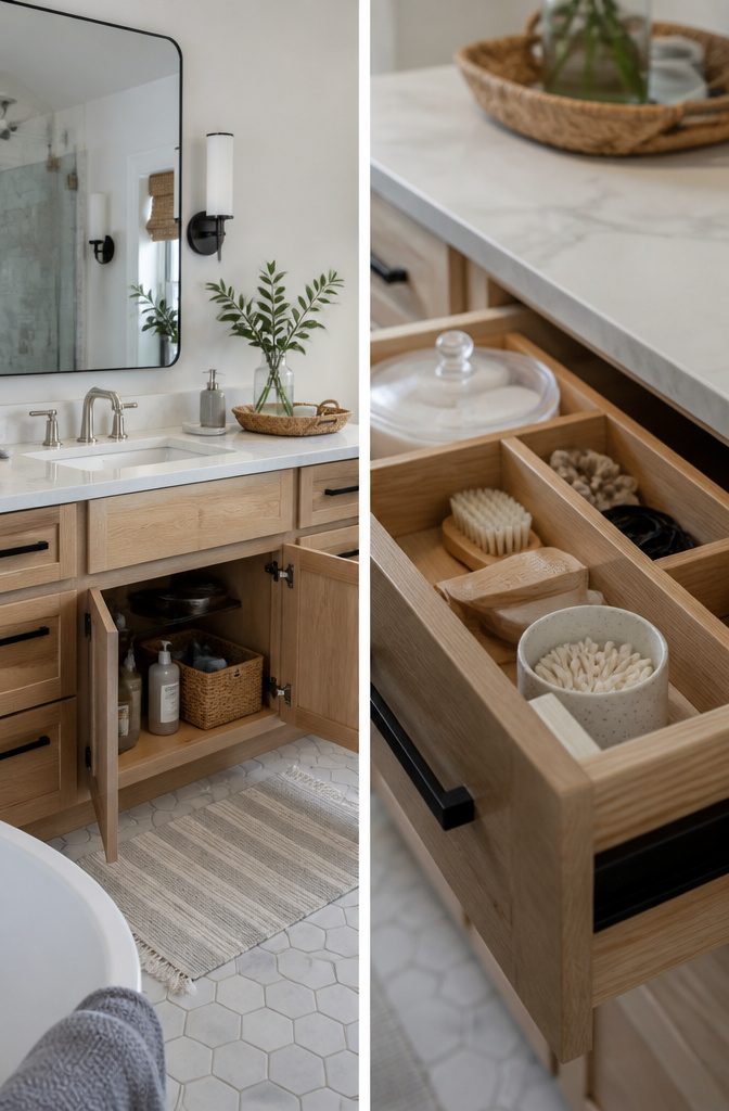 Under-sink area with a shelf organized around plumbing.
