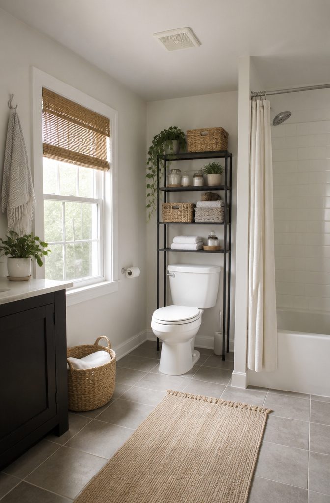 A freestanding shelf unit above a toilet for additional storage.