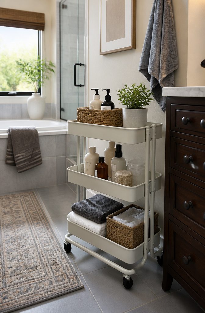 A rolling utility cart with bathroom essentials in a compact space.