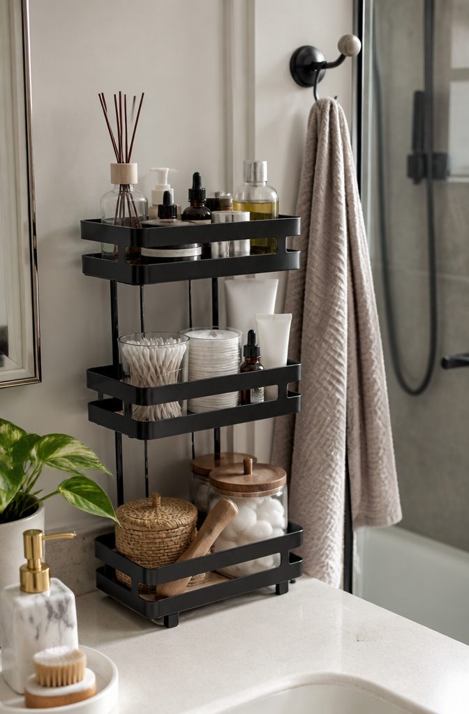 A spice rack holding various travel-size toiletries in a bathroom.