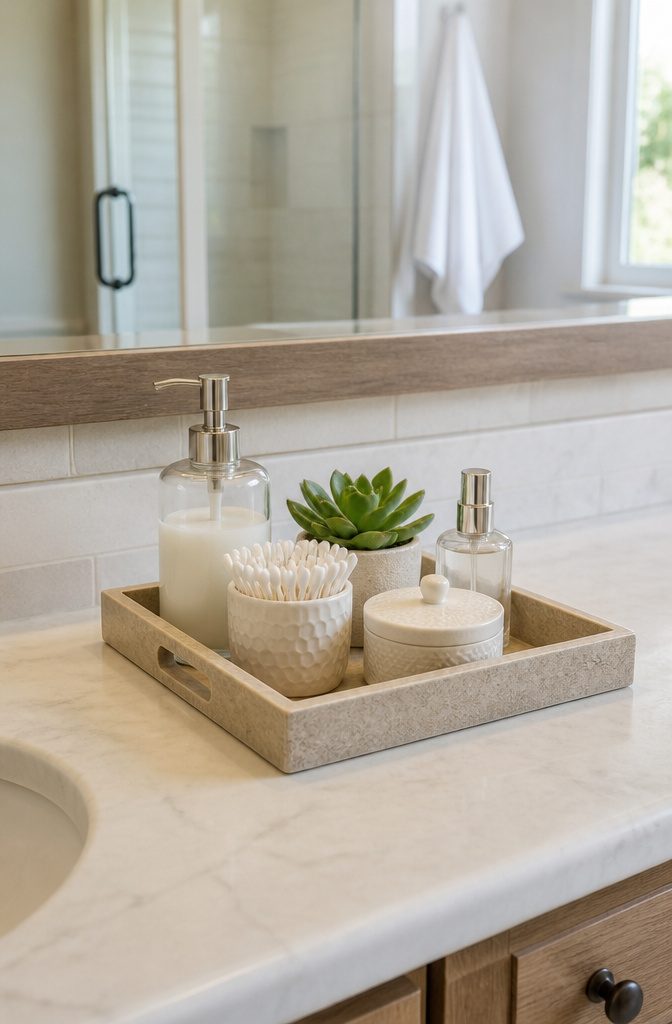 A vanity tray organized with a toothbrush, skincare products, and soap.