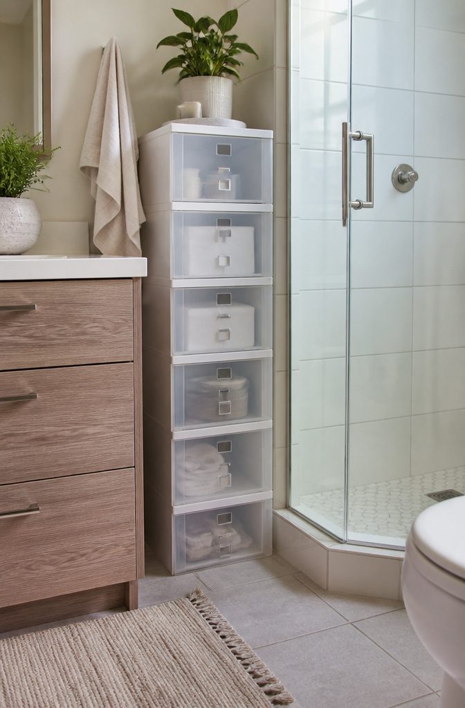 Stackable drawers in a bathroom providing organized storage.