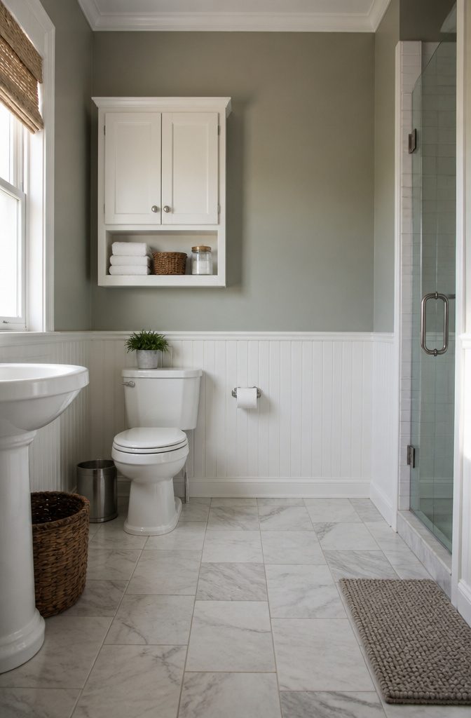 A shallow wall cabinet mounted above a toilet for storage.