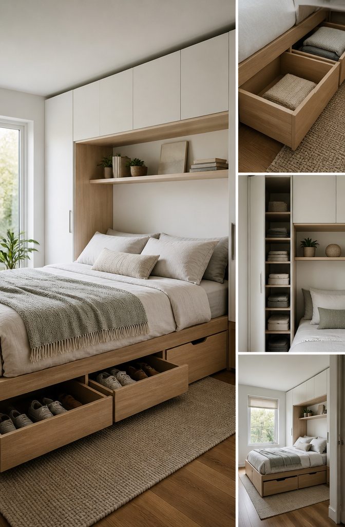 A storage ottoman positioned at the foot of a bed.
