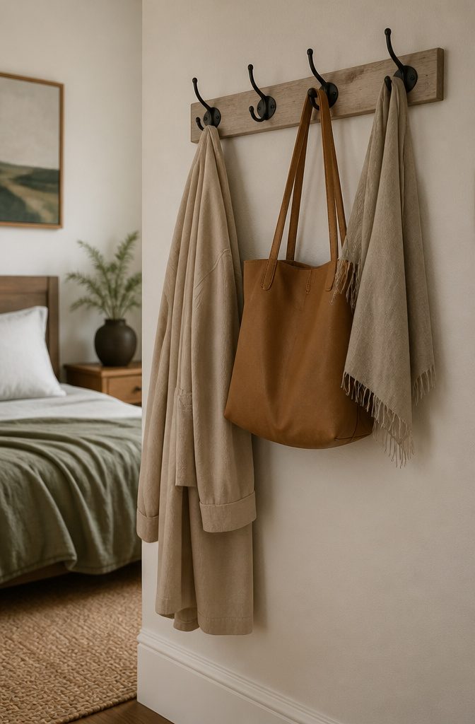 Hooks mounted on a wall for hanging items in a bedroom.
