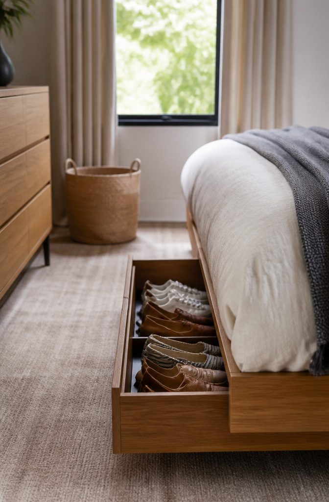 Clear boxes neatly storing various pairs of shoes.