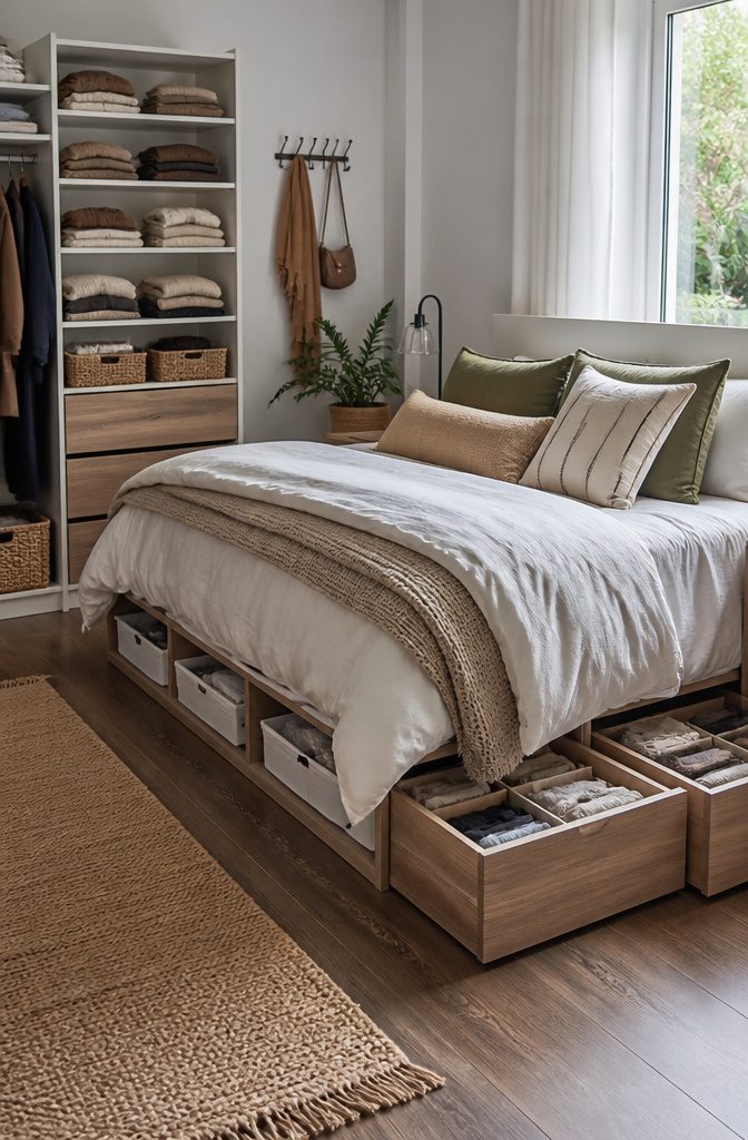A neatly made bed in a well-kept bedroom.