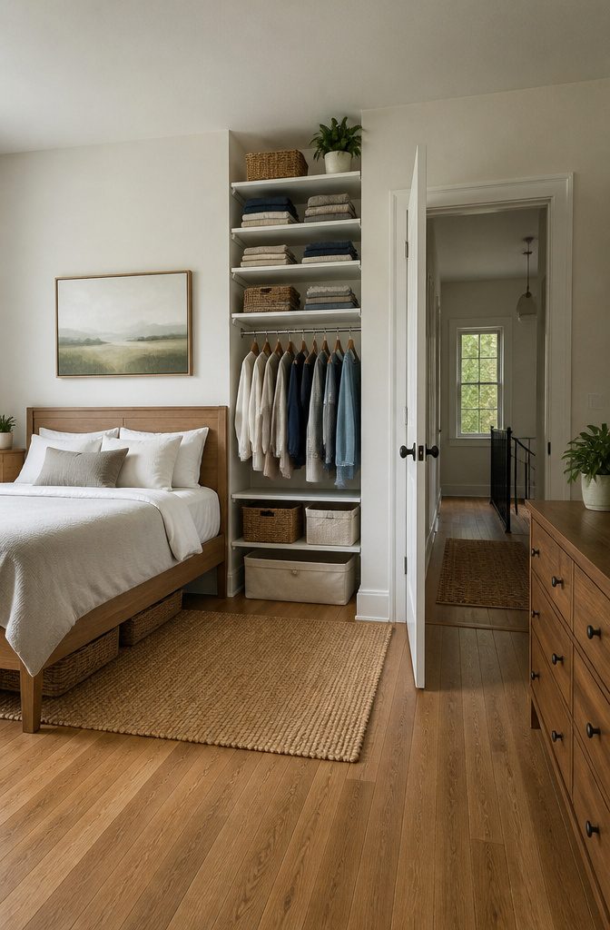 Wall-mounted shelves displaying books and decor in a bedroom.
