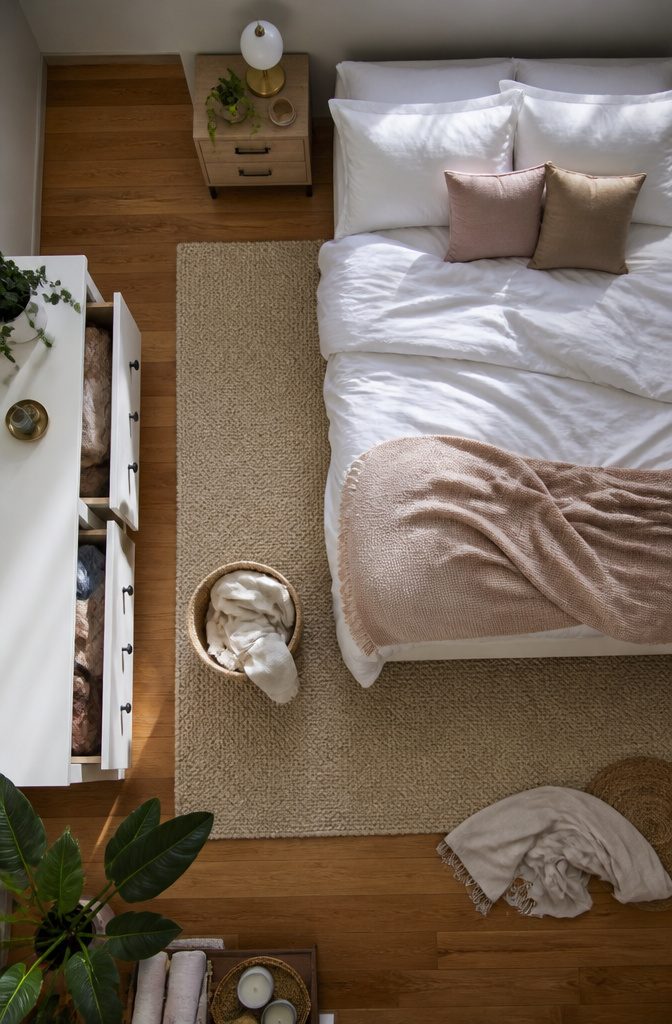 A thoughtfully arranged bedroom layout for better space utilization.