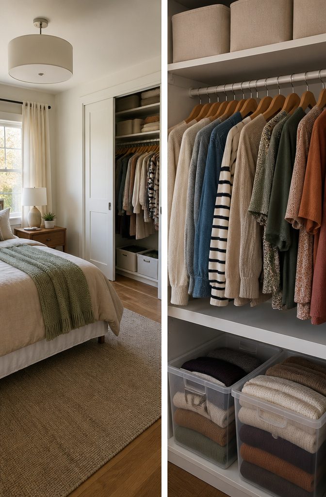 Under-bed bins holding off-season clothing for organization.